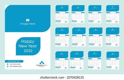 Creative Blue Wall Culendar 2022, plantilla de 12 meses, Comenzar a partir del lunes