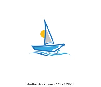 Creative Blue Yacht Boat Logo Design Vector Symbol Illustration