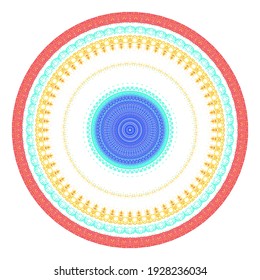 Creative blue yellow red points round symbol. Abstract symmetrical logo. Mosaic blue beautiful beads. Circle dots modern pixel floral art icon. Blue pattern ornament wheel decorative illustration.