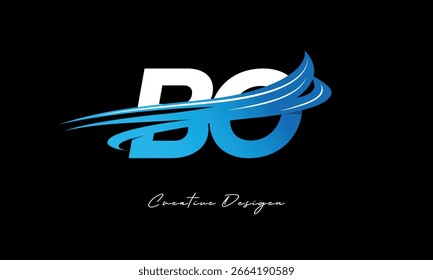 Logotipo inicial da letra BO criativa com elementos de onda azul. Design moderno de marca criativa sobre fundo preto