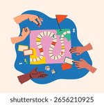 Creative board game hobbies. Human arms actively playing a tabletop game. Game elements like dice, cards, and pawns. Fun social activity. Vector illustration