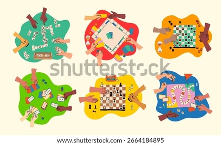 Creative board game hobbies. Human arms actively playing a tabletop game. Game elements like dice, cards, and pawns. Fun social activity. Vector illustration
