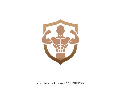 Creative Bodybuilder Gym Shield Logo Design Symbol Vector Illustration