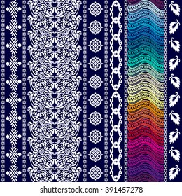 Creative bohemian pattern with aboriginal arts and gypsy motifs. Ethnic background, psychedelic stripe with rainbow colors, leaves borders, geometric ornaments, hand drawn doodles. White on dark blue.