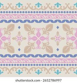 Criativo Boho Moda têxteis impressões Art Nouveau Medieval inspirado Sem Costura Padrão de Borda Rosa Azul Ciano Ouro no fundo luz Bege Design para papel de parede Bordado Artesanato Boêmio Batik Lace
