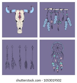 Creative boho style banner mady ethnic feathers arrows and floral elements vector illustration.