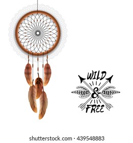 Creative boho style Dream Catcher with glossy feathers, Beautiful hand drawn illustration with ethnic elements.