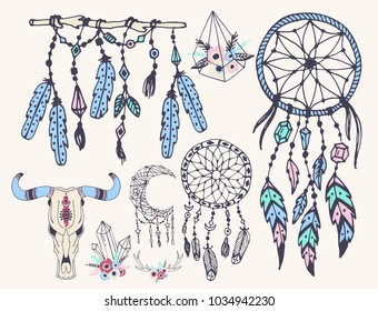 Creative boho style frames mady ethnic feathers arrows and floral elements vector illustration.