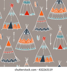 Creative Boho Style Pattern With Ethnic Arrows, Teepee Or Wigwam, Stylish Hand Drawn Vector Illustration.