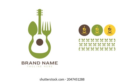 Creative bold Guitar Music Food logo using Fork and Spoon for food business, hotel, restaurant, fast food, eats including pattern and logo variants for branding designs