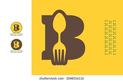 Creative bold letter B logo using Fork and Spoon for food business, hotel, restaurant, fast food, eats including pattern and logo variants for branding designs