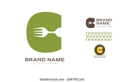 Creative bold letter C logo using Fork and Spoon for food business, hotel, restaurant, fast food, eats including pattern and logo variants for branding designs