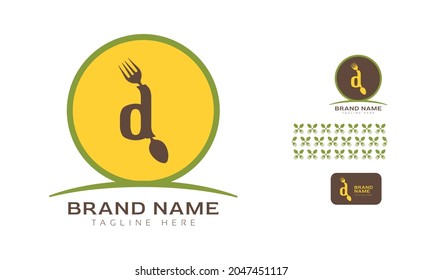 Kreatives, fett gedrucktes D-Logo mit Fork und Spoon in einem Kreis für Lebensmittelgeschäft, Hotel, Restaurant, Fastfood, Lebensmittel einschließlich Muster und Logo-Varianten für Branding-Designs