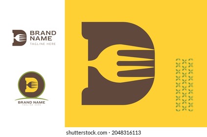 Creative bold letter D logo using Fork Spoon for food business, hotel, restaurant, fast food, eats including pattern and logo variants for branding designs