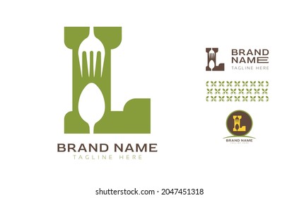 Creative bold letter L logo using Fork and Spoon for food business, hotel, restaurant, fast food, eats including pattern and logo variants for branding designs