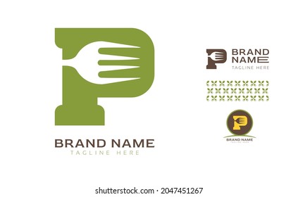 Creative bold letter P logo using Fork and Spoon for food business, hotel, restaurant, fast food, eats including pattern and logo variants for branding designs