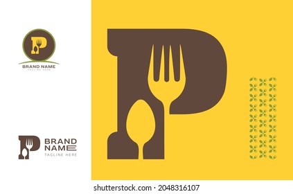 Kreatives, fett gedrucktes P-Logo mit Fork und Spoon für Lebensmittelgeschäft, Hotel, Restaurant, Fastfood, Essen einschließlich Muster und Logo-Varianten für Branding-Designs