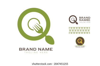 Creative bold letter Q logo using Fork and Spoon for food business, hotel, restaurant, fast food, eats including pattern and logo variants for branding designs