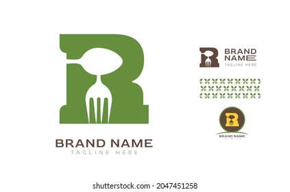 Letras creativas en negrita R logo usando Fork y Spoon para negocios de comida, hotel, restaurante, comida rápida, comestibles que incluyen variantes de patrón y logo para diseños de marca