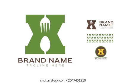 Creative bold letter X logo using Fork and Spoon for food business, hotel, restaurant, fast food, eats including pattern and logo variants for branding designs