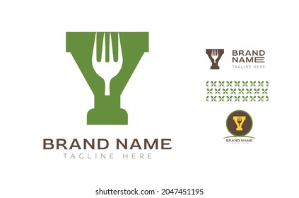 Creative bold letter Y logo using Fork and Spoon for food business, hotel, restaurant, fast food, eats including pattern and logo variants for branding designs