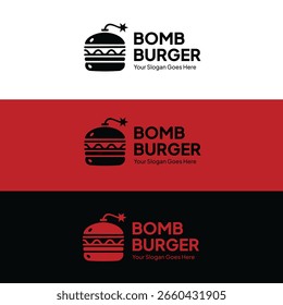 Creative Bomb Burger Logo-Vorlage, die einen köstlichen Burger mit einem Bombensicherungselement kombiniert, symbolisiert kühlen Geschmack und explosiven Geschmack. Perfekt für Burger Gelenke, Food Trucks, Fast Food Restaurants, und