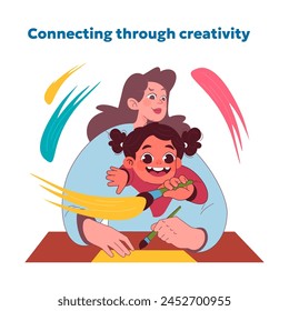 Creative bonding concept. Adult and inner child joyfully connect through art, symbolizing playful imagination and emotional growth. Celebrating artistic expression and vitality. Vector illustration