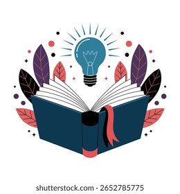 Concepto de libro creativo con bombilla y Elementos de hoja
