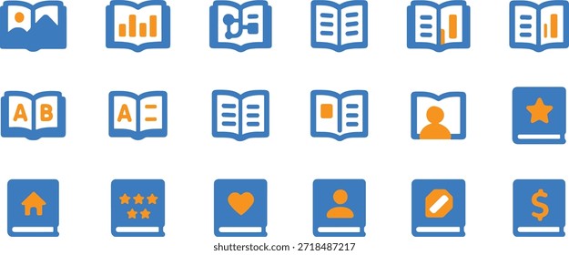 Symbole für kreative Buchinhalte, einschließlich der Statistikdiagramme für Fotogalerien und Lieblingssternbewertungen