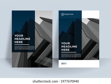 Creative book cover design. Abstract composition with geometric shapes. Set of A4 brochure title sheet. Shiny blue or dark on white background. Interesting vector illustration. Minimalistic style