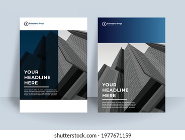 Creative book cover design. Abstract composition with geometric shapes. Set of A4 brochure title sheet. Shiny blue dark on white background. Interesting vector illustration. Minimalistic style