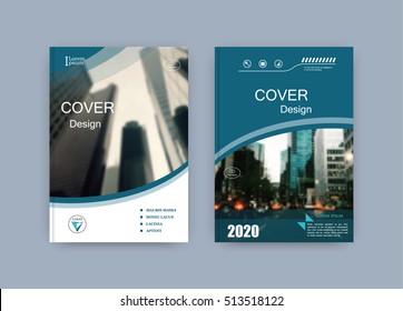 Creative book cover design. Abstract composition with image. Set of A4 brochure title sheet. Blue green, turquoise colored geometric shapes. Interesting vector illustration. Minimalistic style.