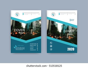 Creative book cover design. Abstract composition with image. Set of A4 brochure title sheet. Blue green, turquoise colored geometric shapes. Interesting vector illustration. Minimalistic style.