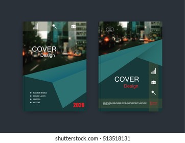 Creative book cover design. Abstract composition with image. Set of A4 brochure title sheet. Dark green, turquoise colored geometric shapes. Interesting vector illustration. Minimalistic style.