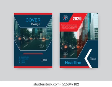 Creative book cover design. Abstract composition with city street image. Set of A4 brochure title sheet. Dark blue, orange red, white colored geometric shapes. Vector illustration.