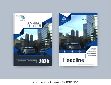 Creative book cover design. Abstract composition with city building image. Set of A4 brochure title sheet. Blue and gray colored geometric shapes. Interesting vector illustration.