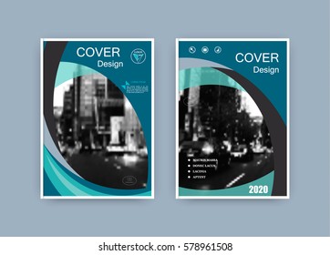 Creative book cover design. Abstract composition with image. Set of A4 brochure title sheet. Blue green, turquoise colored geometric shapes. Interesting vector illustration. Minimalistic style.