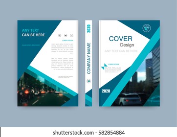 Creative book cover design. Abstract composition with image. Set of A4 brochure title sheet. Blue green, turquoise colored geometric shapes. Interesting vector illustration. Minimalistic style.