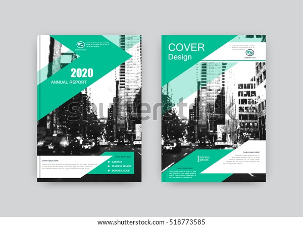 Creative book cover design. Abstract\
composition with black and white city street image. Set of A4\
brochure title sheet. Green and white colored geometric shapes.\
Interesting vector\
illustration.