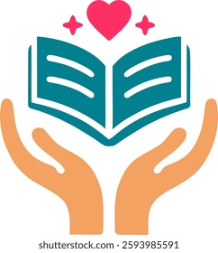  A creative book and hand logo with a heart, representing learning, wisdom, and care. Perfect for education, libraries, and tutoring services