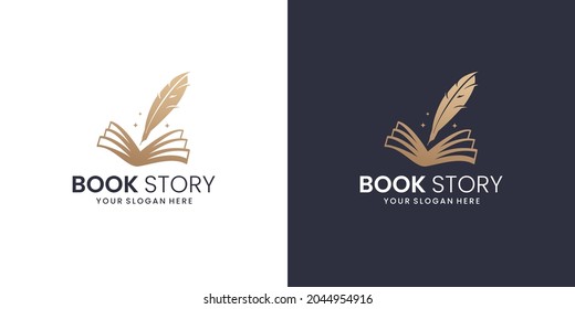 creative book logo with feather design template. book story feather logo inspiration.