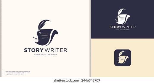 creative book logo with feather design template. story writer feather logo inspiration.