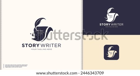 creative book logo with feather design template. story writer feather logo inspiration.