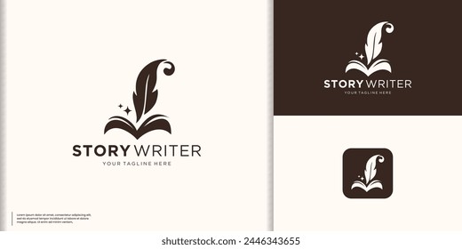 creative book logo with quill feather design template. book story feather logo inspiration.