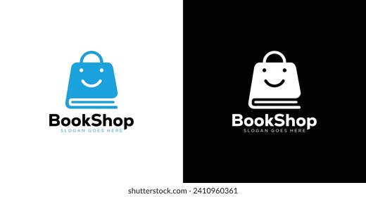 Creative Book Shop Logo. Book and Shopping Bag with Modern Style. Happy Book Store Logo Icon Symbol Vector Design Template.