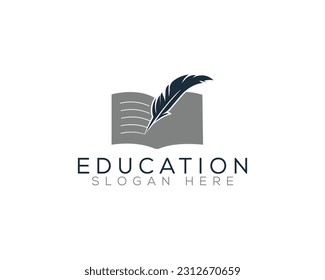 Creative Book story logo design.  Feather and book vector illustration. 