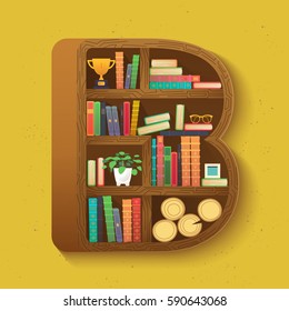 Creative Bookshelf in isometry with colorful books and teenage items background. Bookcase shaped letter B. Vector school print for shirt, funny card with books on bookshelves in flat design style.