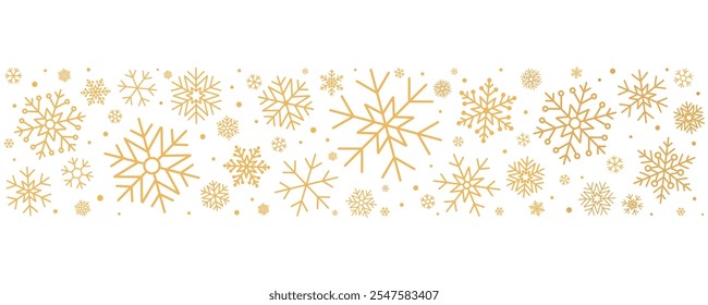 Creative border of gold snowflakes for Christmas decorations. Xmas vector background with golden snow and circles confetti pattern