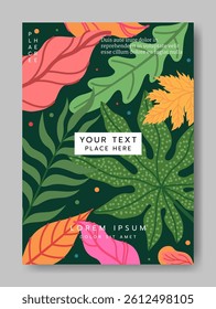 Creative botanical background. Tropical leaves and flowers. Poster summer trendy design. Minimal cute art book or modern notebook cover. Vector cartoon flat style isolated contemporary illustration