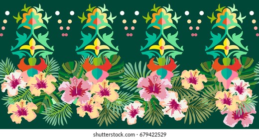 Creative botanical border with palm leaves and hibiscus flowers. Seamless vector pattern with Gothic and Art Nouveau floral and geometric elements. Vintage textile collection.